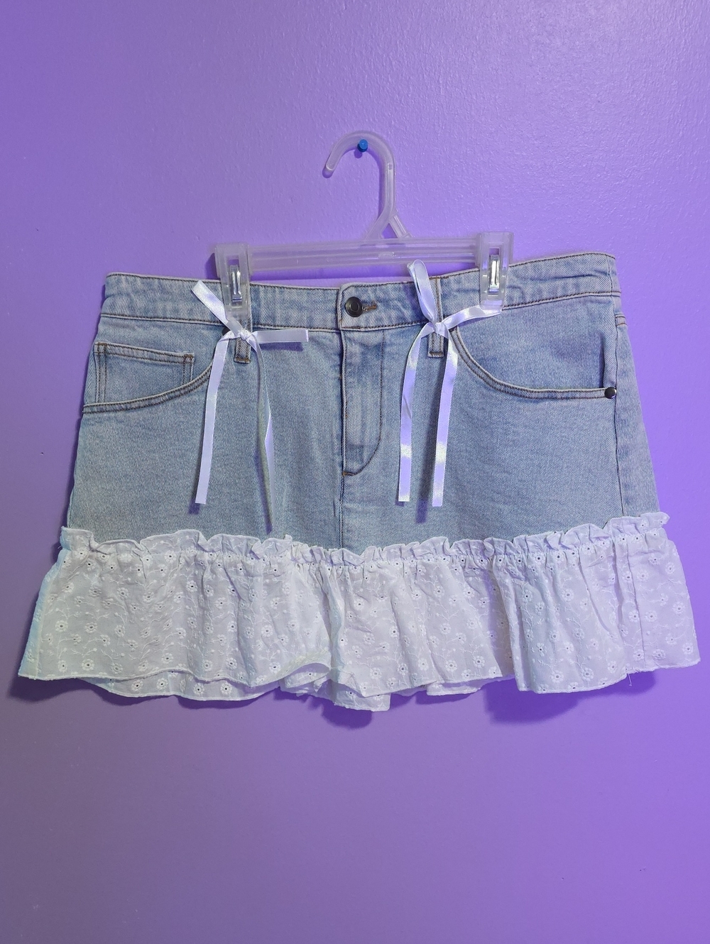 Light Blue Denim Mini Skirt with White Eyelet Ruffle